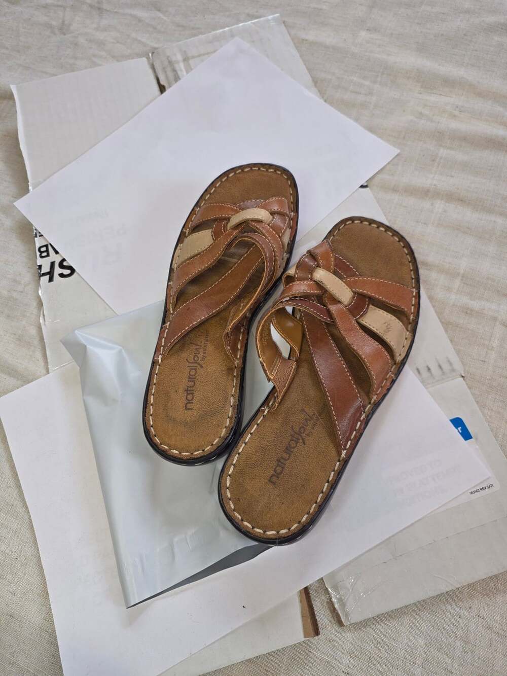 Natural Soul Sandals Brown Leather Multi Strap Slip On
